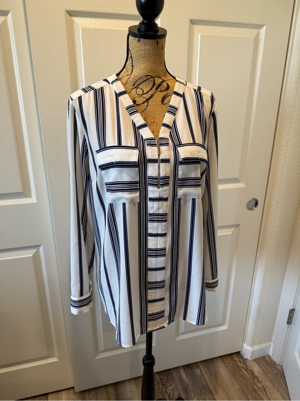 NY Collection White Blouse with Navy Stripe Detail